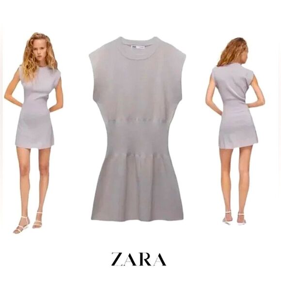 Zara Ruched Waist Knit Dress Grey Seamless Mini Dress Size Large NWT 4 0439 - Picture 1 of 8
